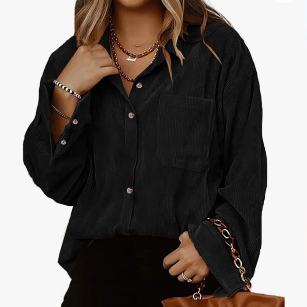Corduroy Shirt Shacket Jacket Casual‎ Long Sleeve Button Down Black Sz M